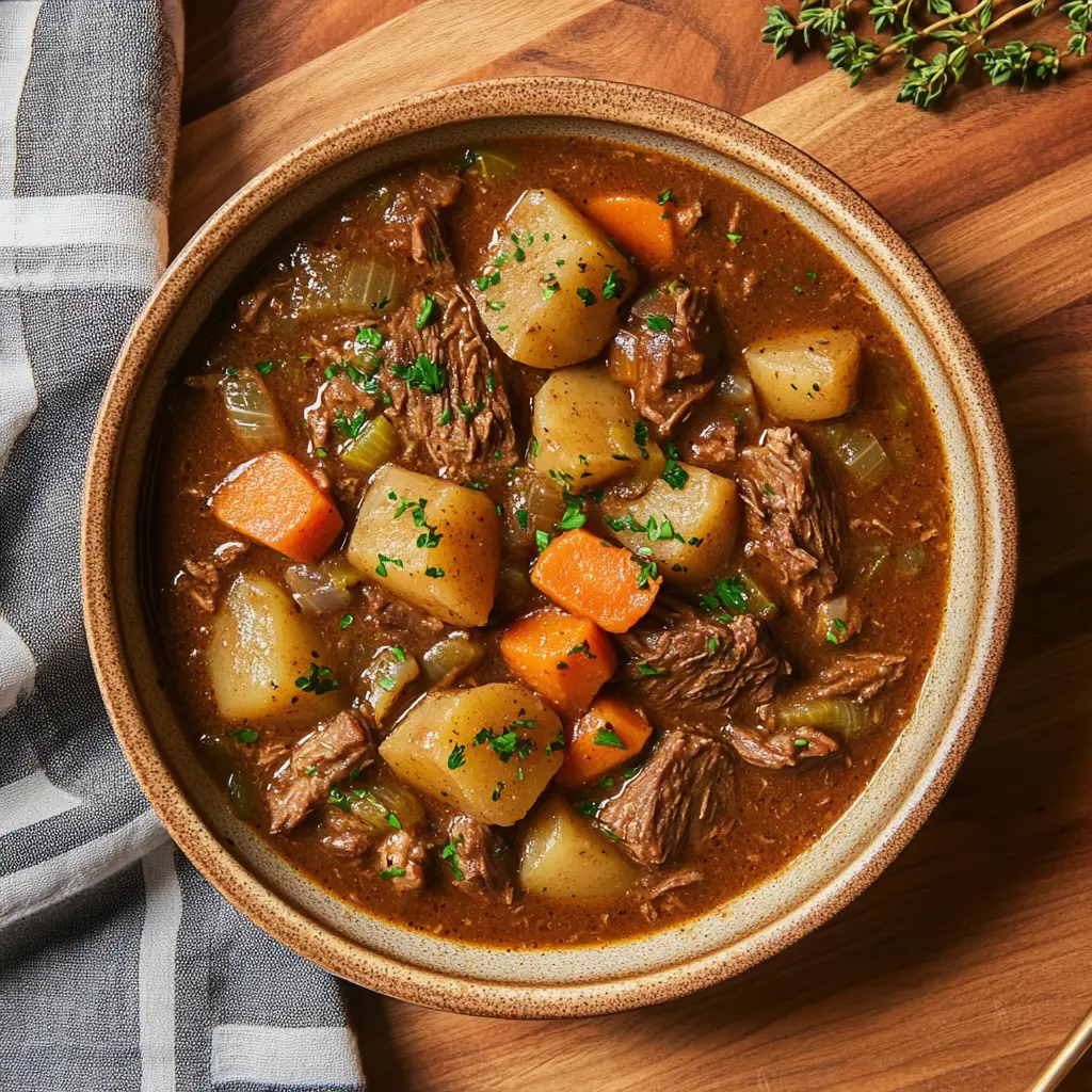 Crockpot Beef Stew Recipe Easy Cozy Weeknight Dinner 3 CROCKPOT BEEF STEW centered hero view, clean and uncluttered