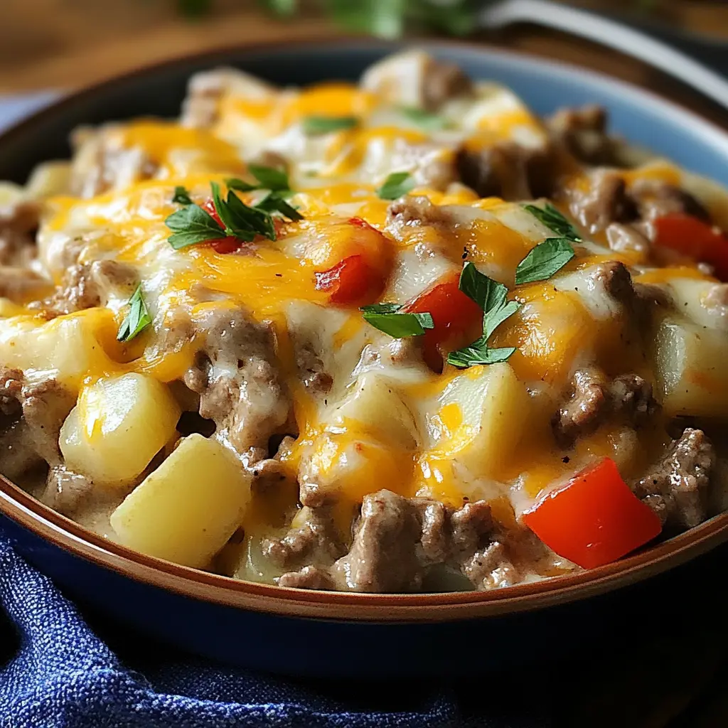 Crockpot Cheesesteak Potato Casserole in a slow cooker with melted cheese