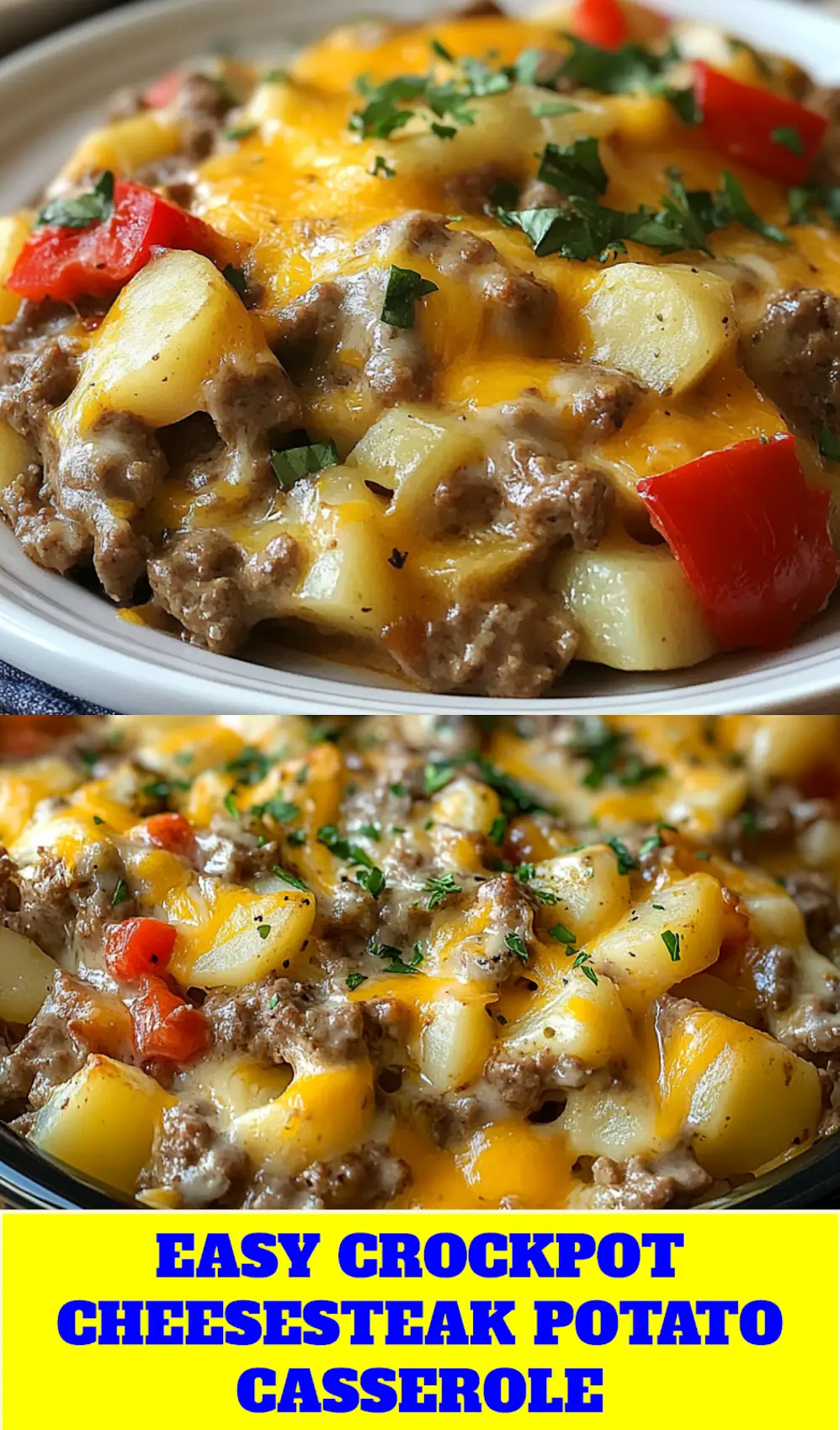 Crockpot Cheesesteak Potato Casserole pinnable image with layered beef and cheese
