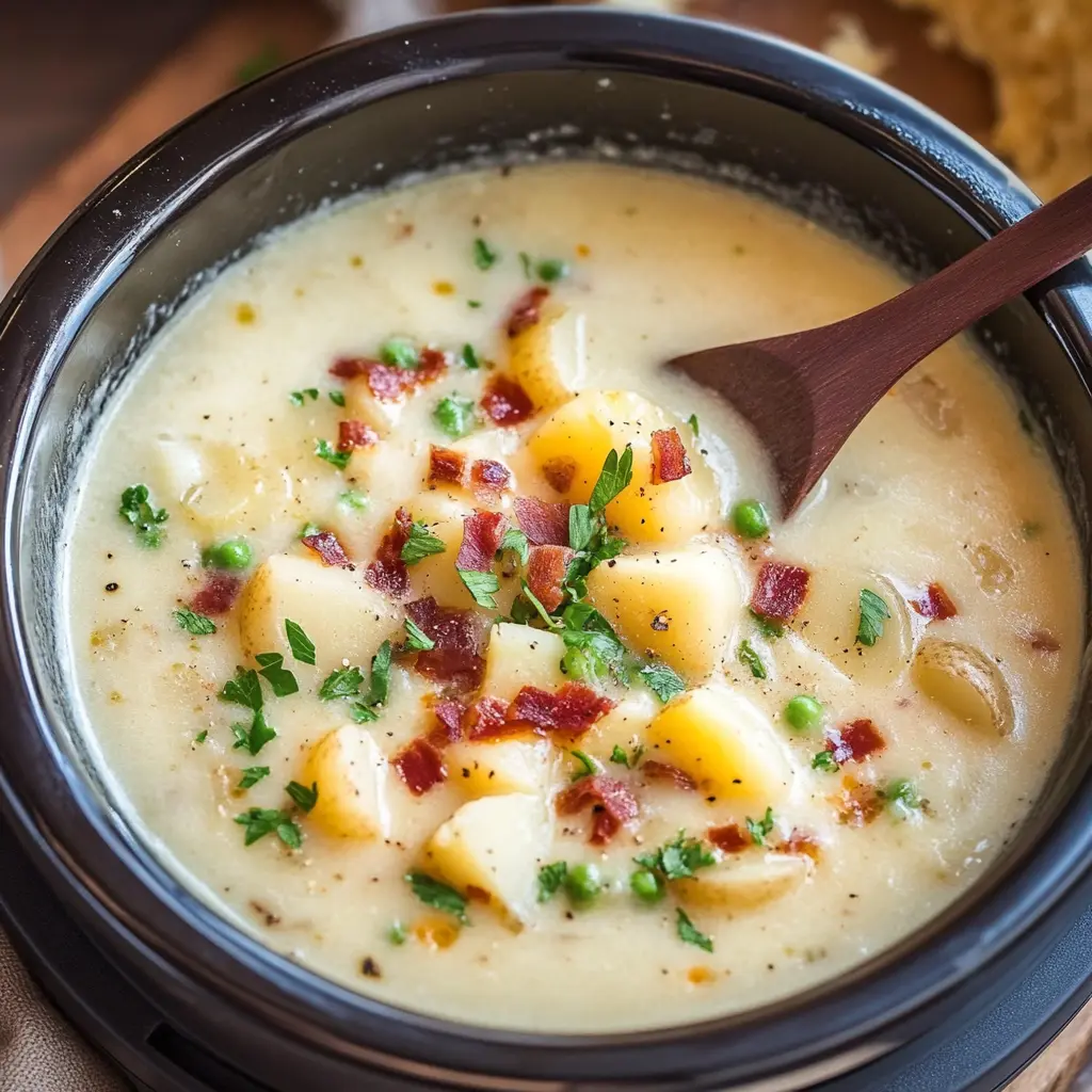 Crockpot potato soup in a bowl with bacon, cheese, and green onions