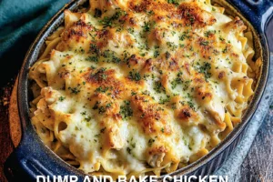 DUMP AND BAKE CHICKEN ALFREDO NOODLE CASSEROLE centered hero view, clean and uncluttered