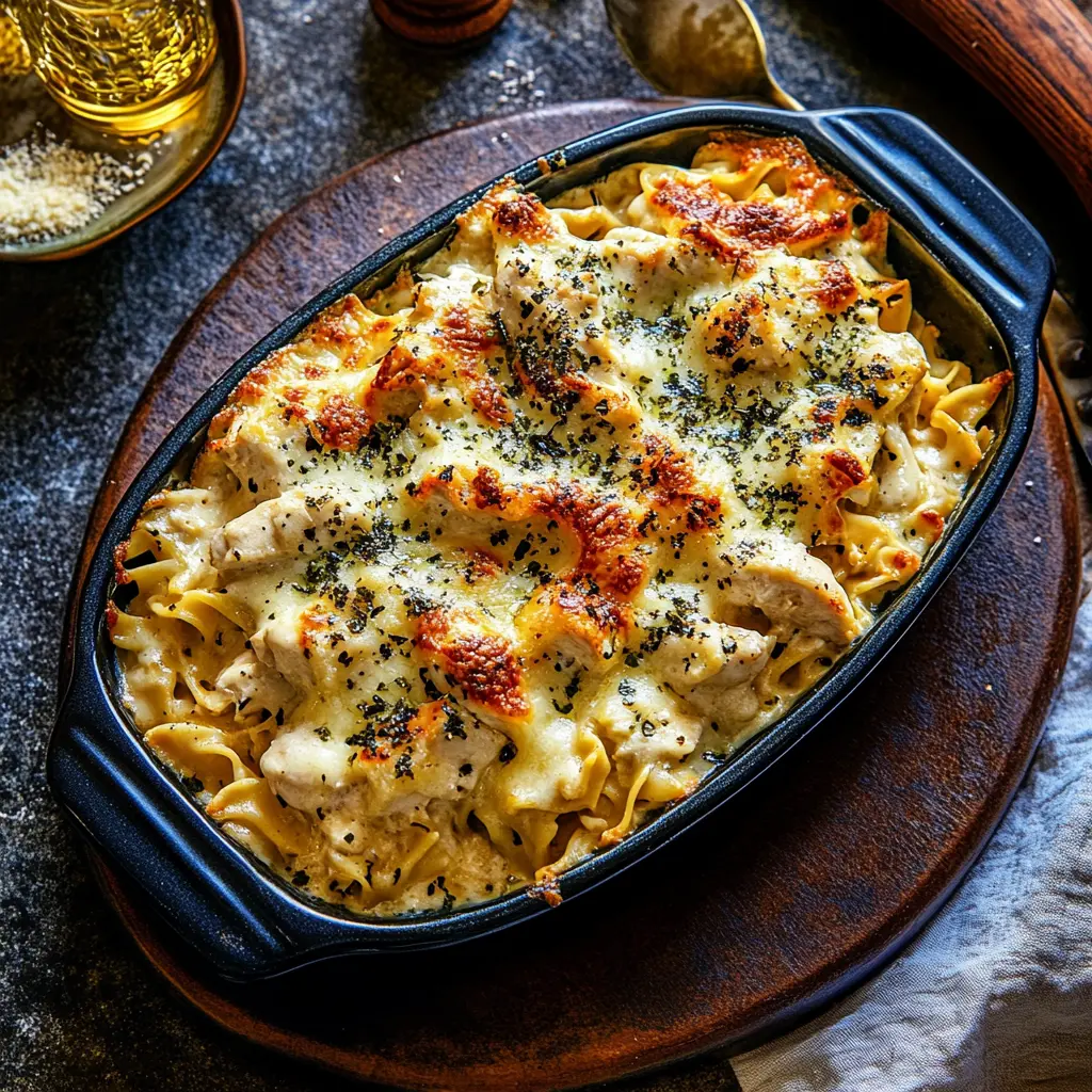 Dump and Bake Chicken Alfredo Noodle Casserole Easy Weeknight Dinner 3 DUMP AND BAKE CHICKEN ALFREDO NOODLE CASSEROLE centered hero view, clean and uncluttered