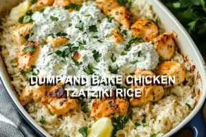 DUMP AND BAKE CHICKEN TZATZIKI RICE centered hero view, clean and uncluttered