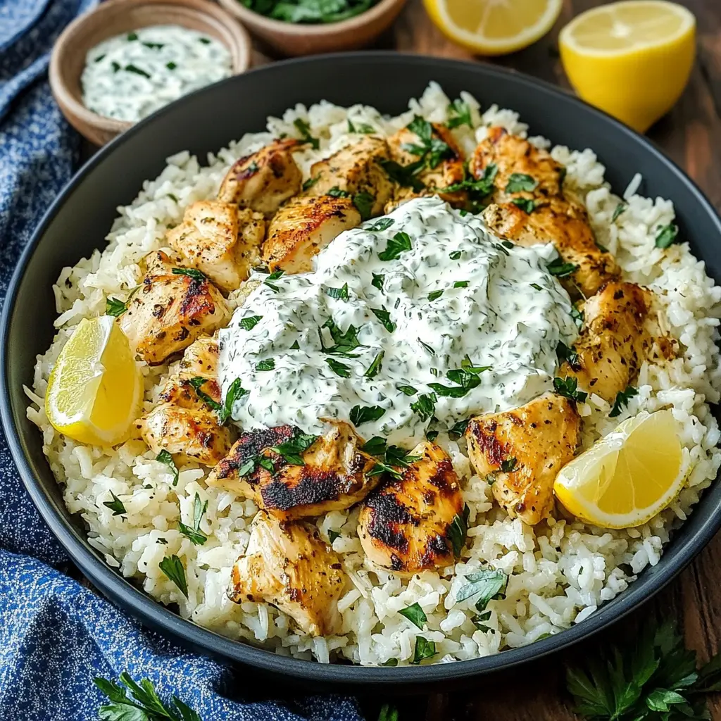 Dump and Bake Chicken Tzatziki Rice in baking dish with golden chicken and fluffy rice