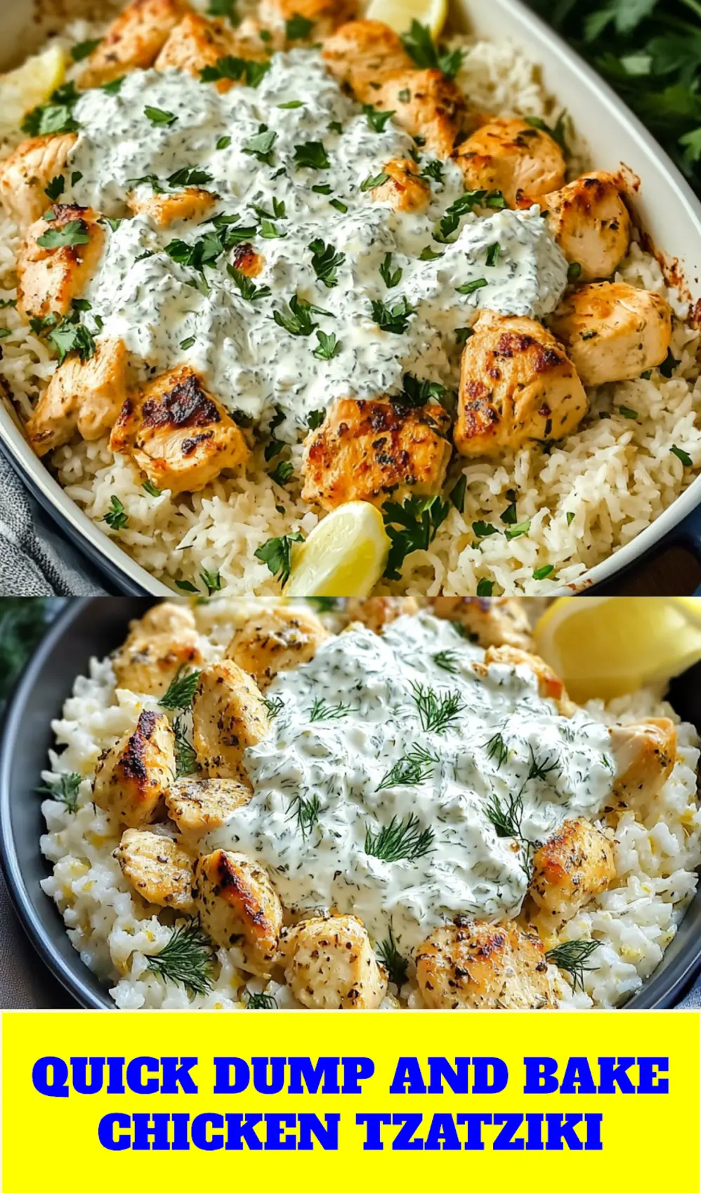 Dump and Bake Chicken Tzatziki Rice with golden chicken and fluffy rice ready to serve