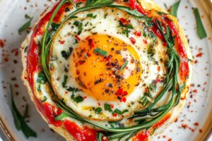 EASY BAKED FETA EGGS centered hero view, clean and uncluttered