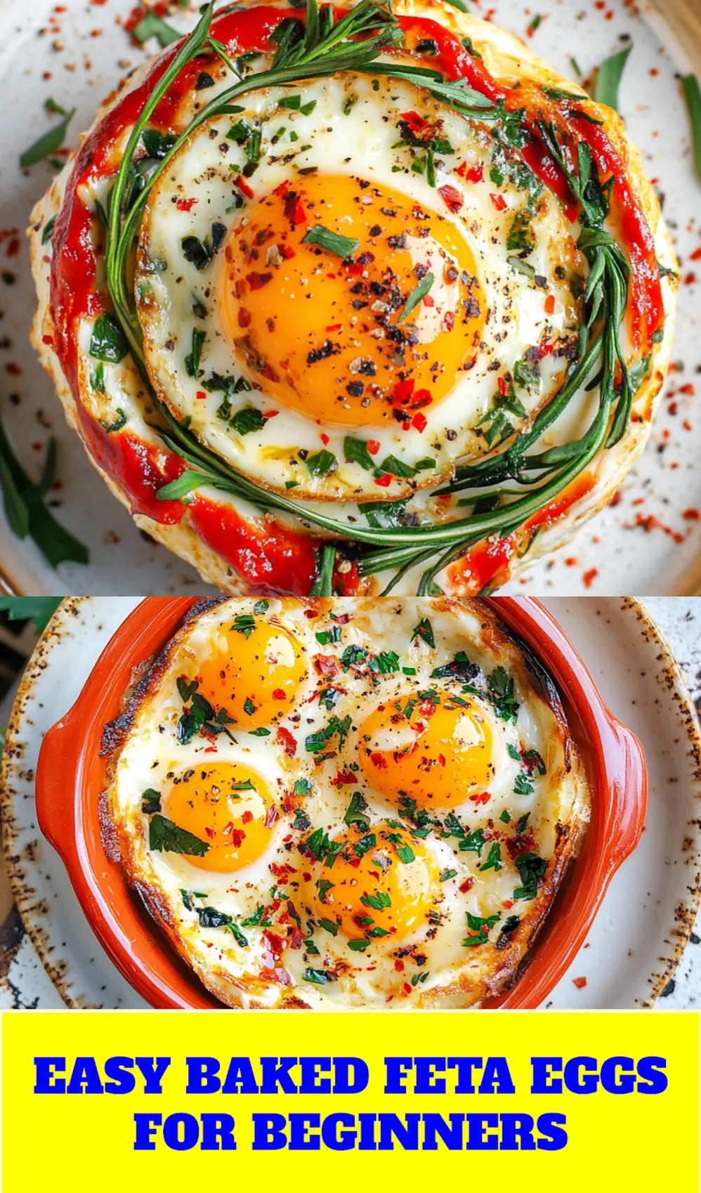 EASY BAKED FETA EGGS centered hero view, clean and uncluttered