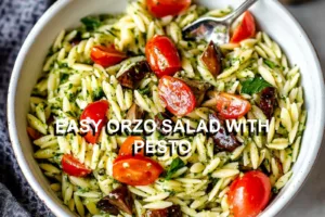 EASY ORZO SALAD WITH PESTO centered hero view, clean and uncluttered
