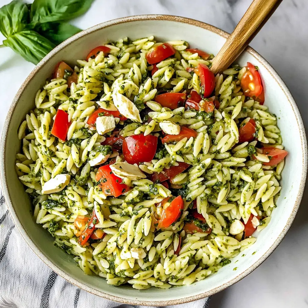 Easy orzo salad with pesto, fresh mozzarella pearls, and cherry tomatoes in a bowl