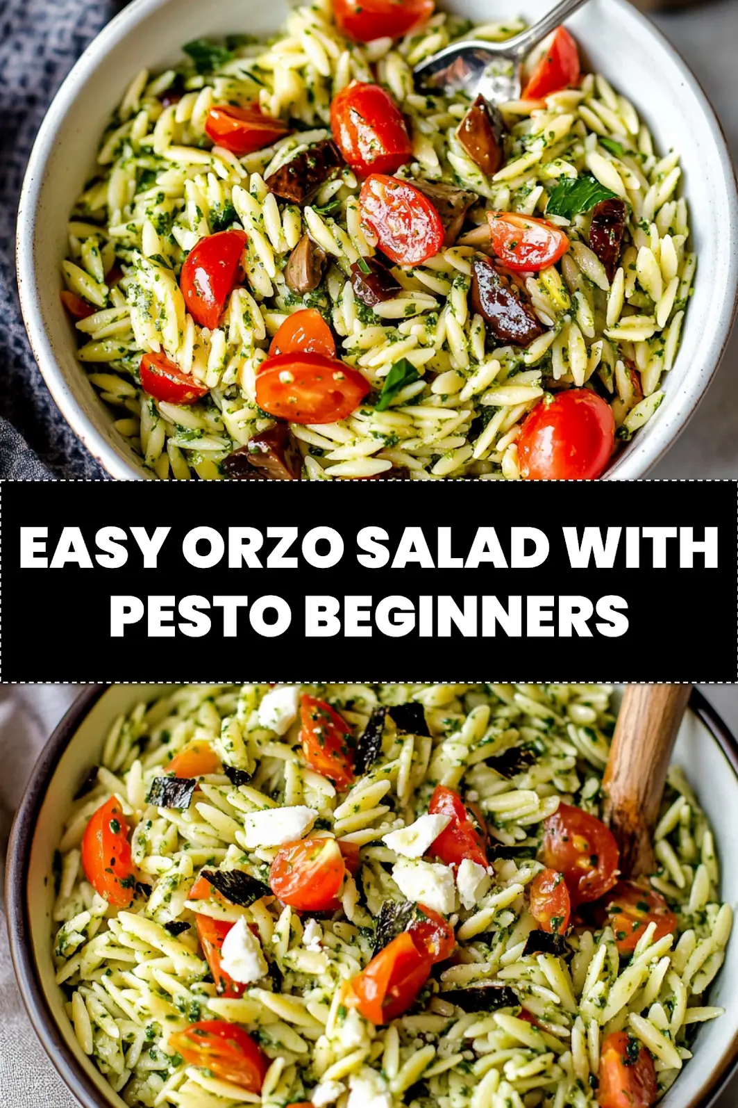 Easy orzo salad with pesto recipe pin image with fresh mozzarella and tomatoes