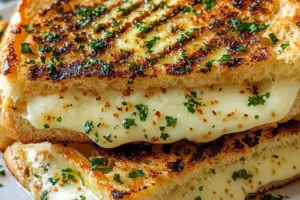 Garlic Bread Grilled Cheese Recipe Easy Weeknight Dinner GARLIC BREAD GRILLED CHEESE centered hero view, clean and uncluttered
