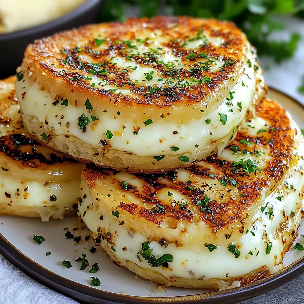 Garlic bread grilled cheese sandwich with golden, buttery crust and melted cheese