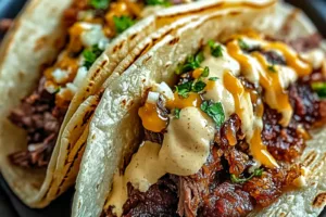 GARLIC BUTTER HONEY BBQ BEEF TACOS centered hero view, clean and uncluttered