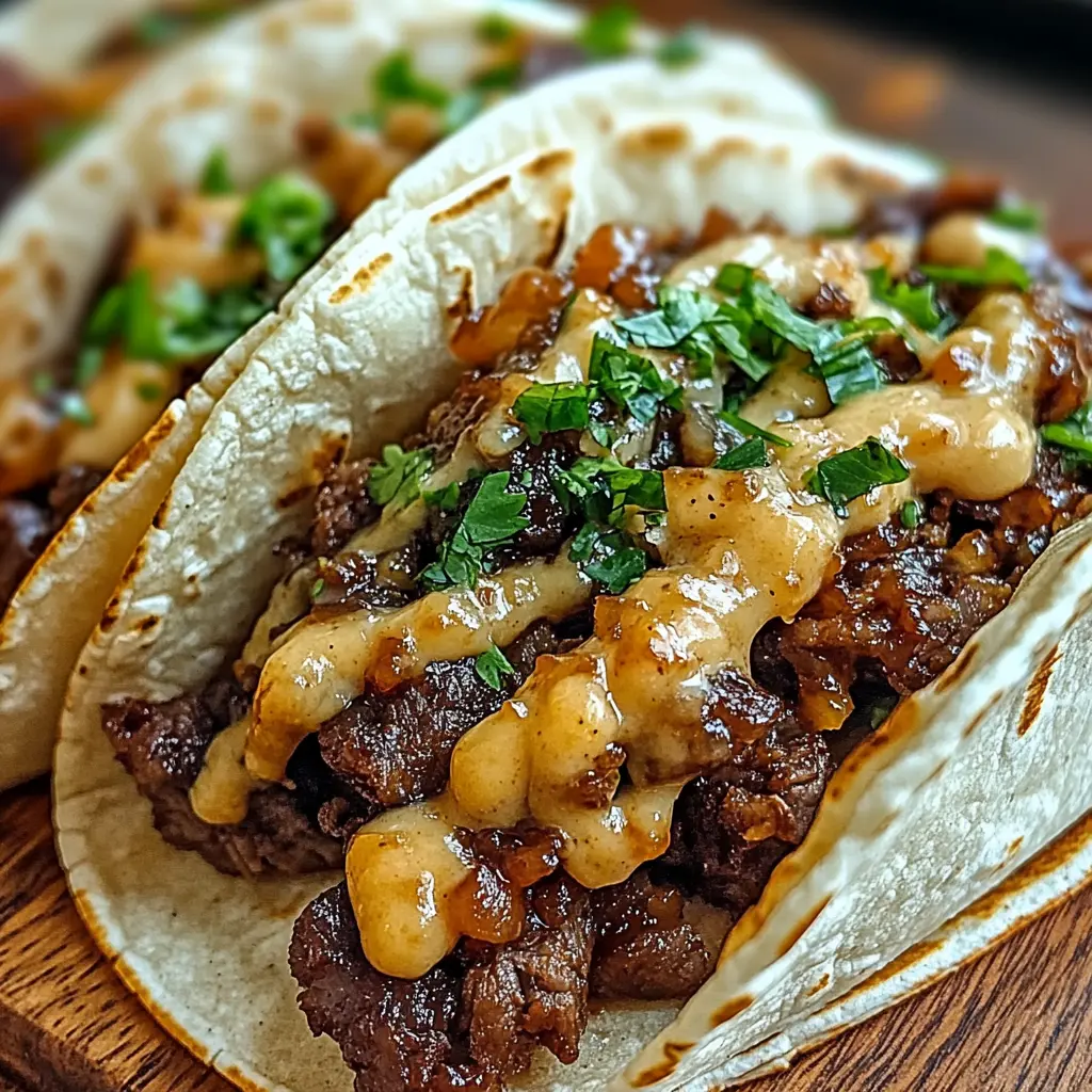GARLIC BUTTER HONEY BBQ BEEF TACOS centered hero view, clean and uncluttered