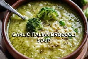 GARLIC ITALIAN BROCCOLI SOUP centered hero view, clean and uncluttered