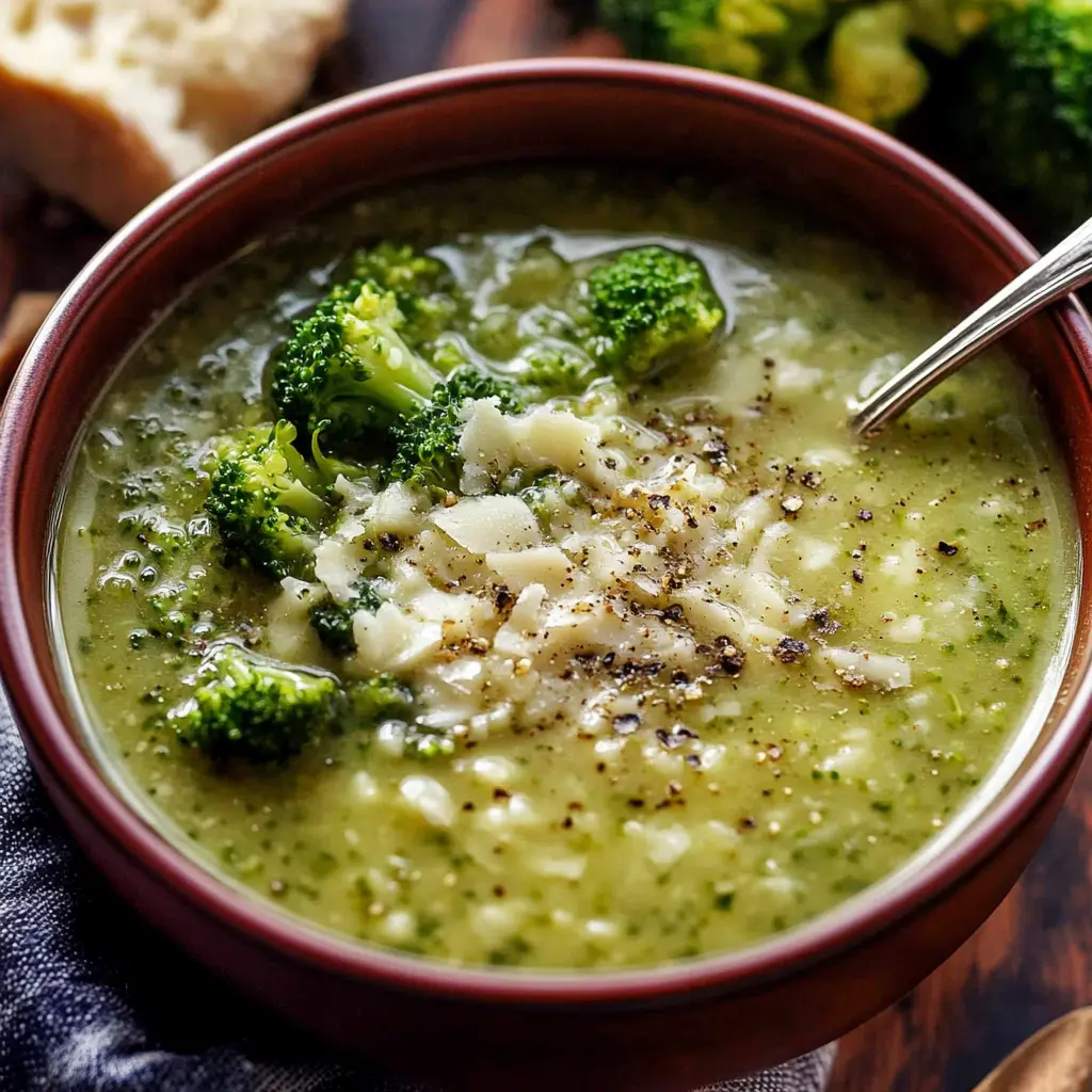 GARLIC ITALIAN BROCCOLI SOUP centered hero view, clean and uncluttered