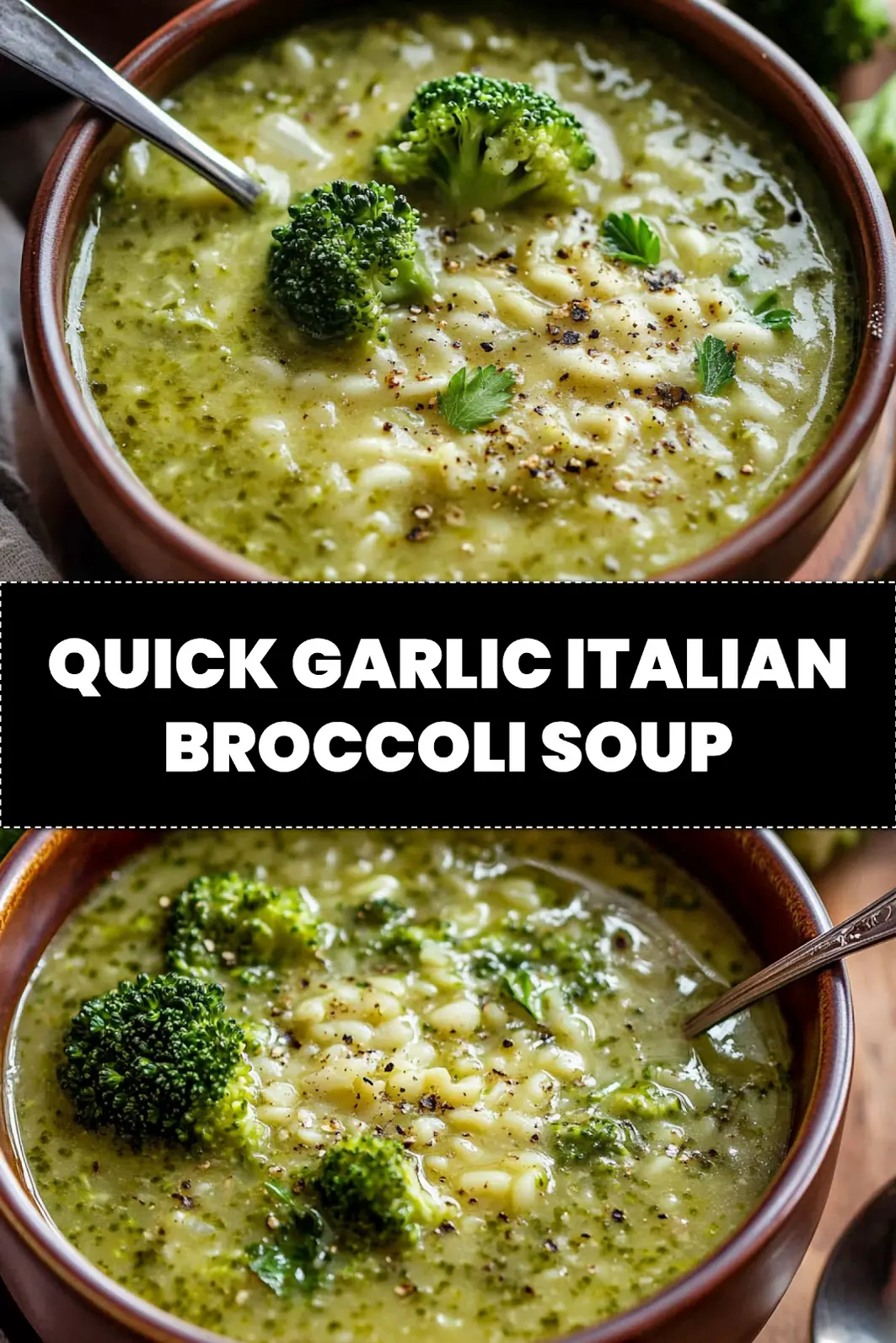 GARLIC ITALIAN BROCCOLI SOUP centered hero view, clean and uncluttered