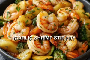 GARLIC SHRIMP STIR FRY centered hero view, clean and uncluttered