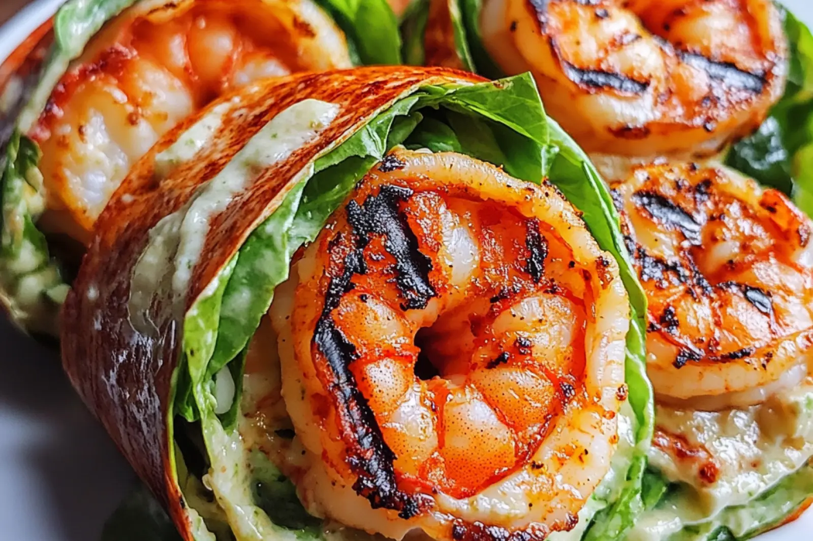 GRILLED SHRIMP CAESAR WRAPS centered hero view, clean and uncluttered