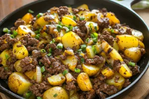 Ground Beef and Potato Skillet Easy Weeknight Dinner GROUND BEEF AND POTATO SKILLET centered hero view, clean and uncluttered