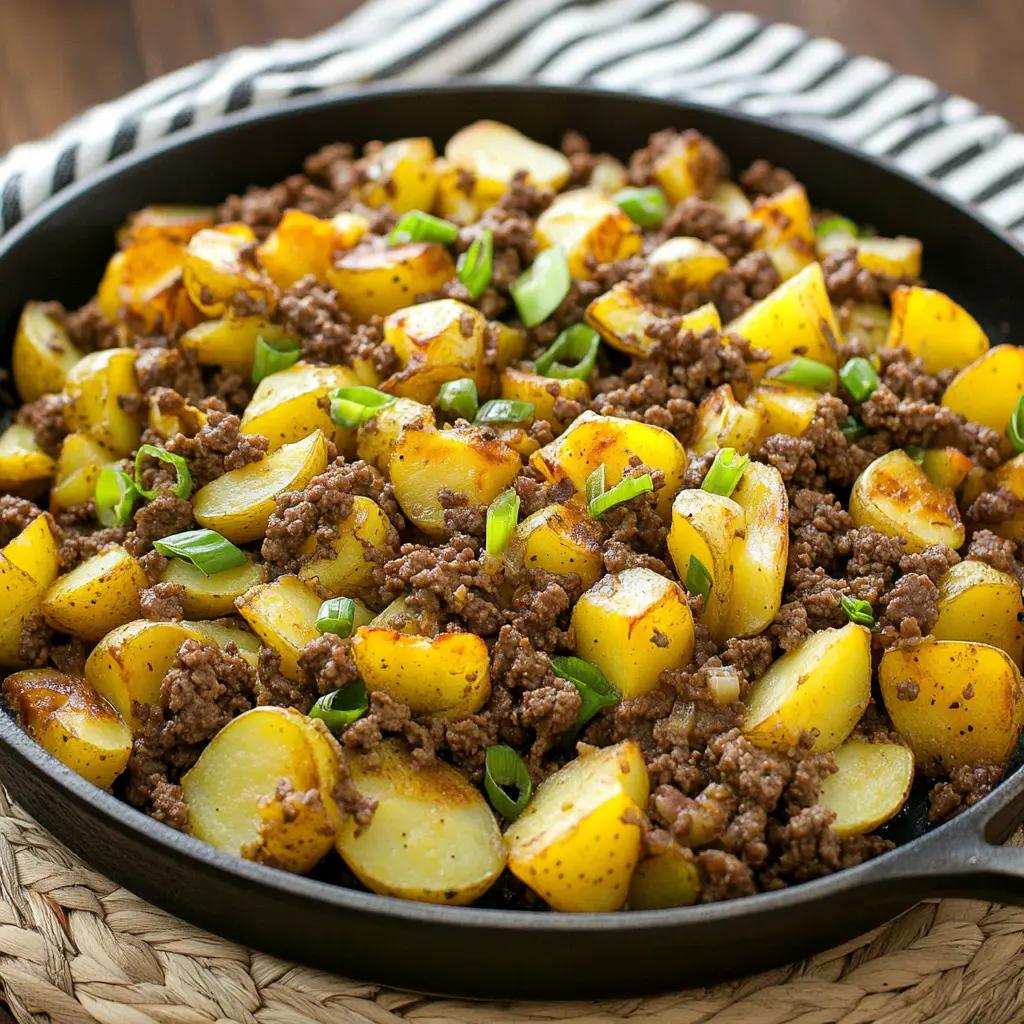 Ground Beef and Potato Skillet Easy Weeknight Dinner 3 GROUND BEEF AND POTATO SKILLET centered hero view, clean and uncluttered
