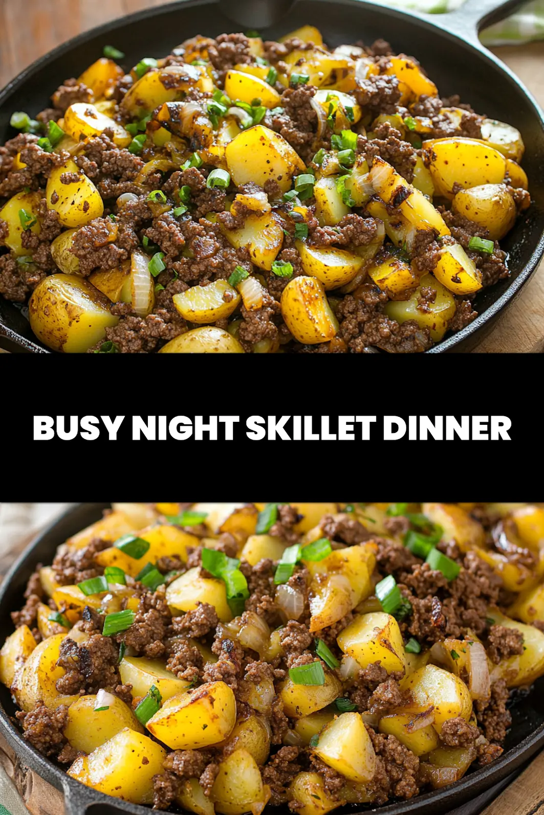 Ground Beef and Potato Skillet Easy Weeknight Dinner 4 GROUND BEEF AND POTATO SKILLET centered hero view, clean and uncluttered