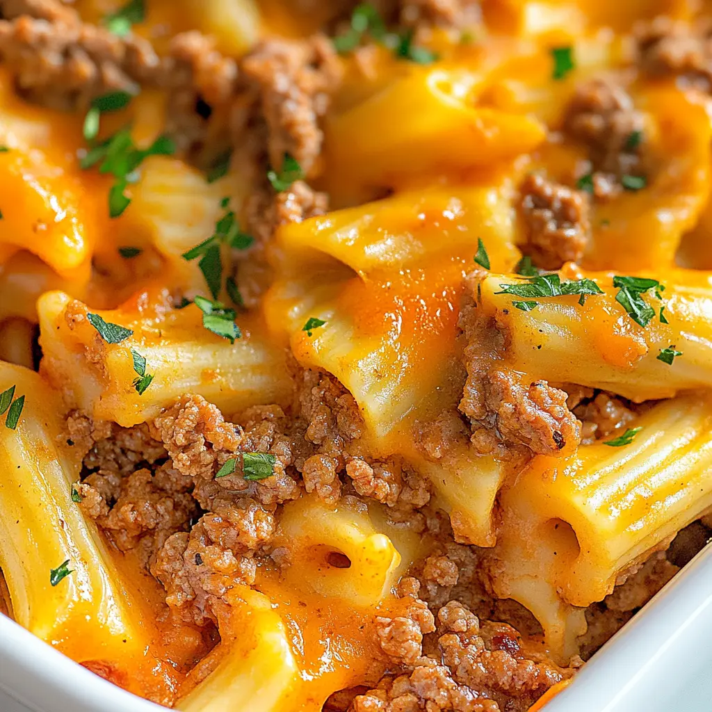 Ground beef casserole with golden melted cheese topping