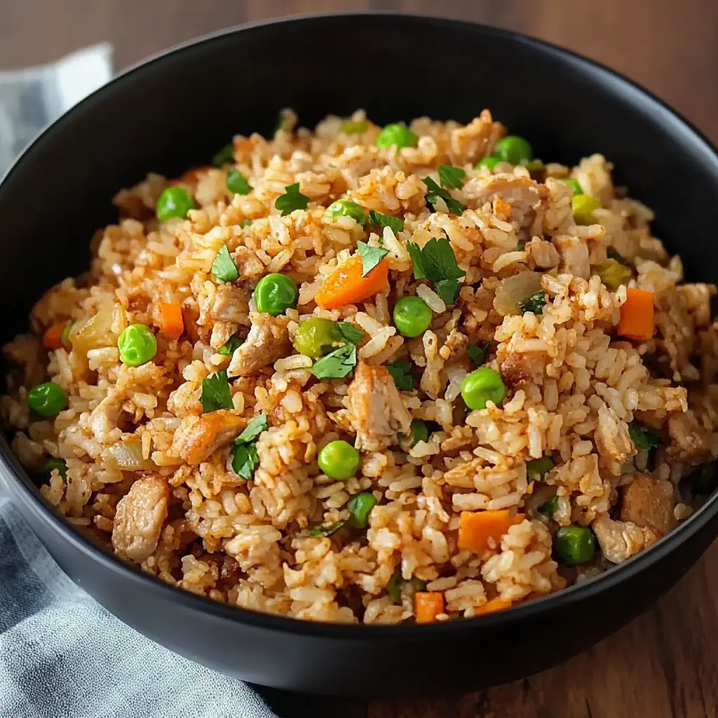Ground chicken fried rice in a skillet with colorful vegetables and scrambled eggs