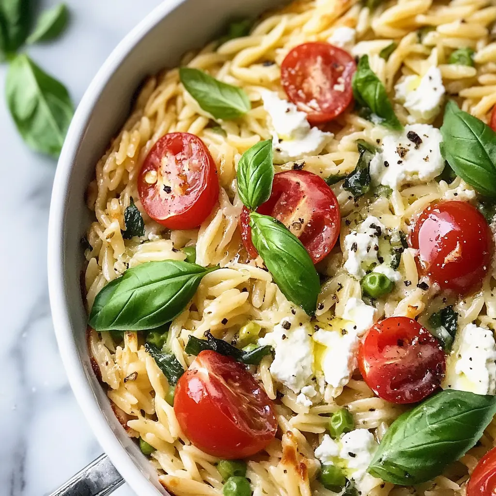 Easy Healthy Baked Feta Orzo Recipe You Must Try 3 Healthy baked feta orzo in a baking dish with roasted tomatoes and asparagus