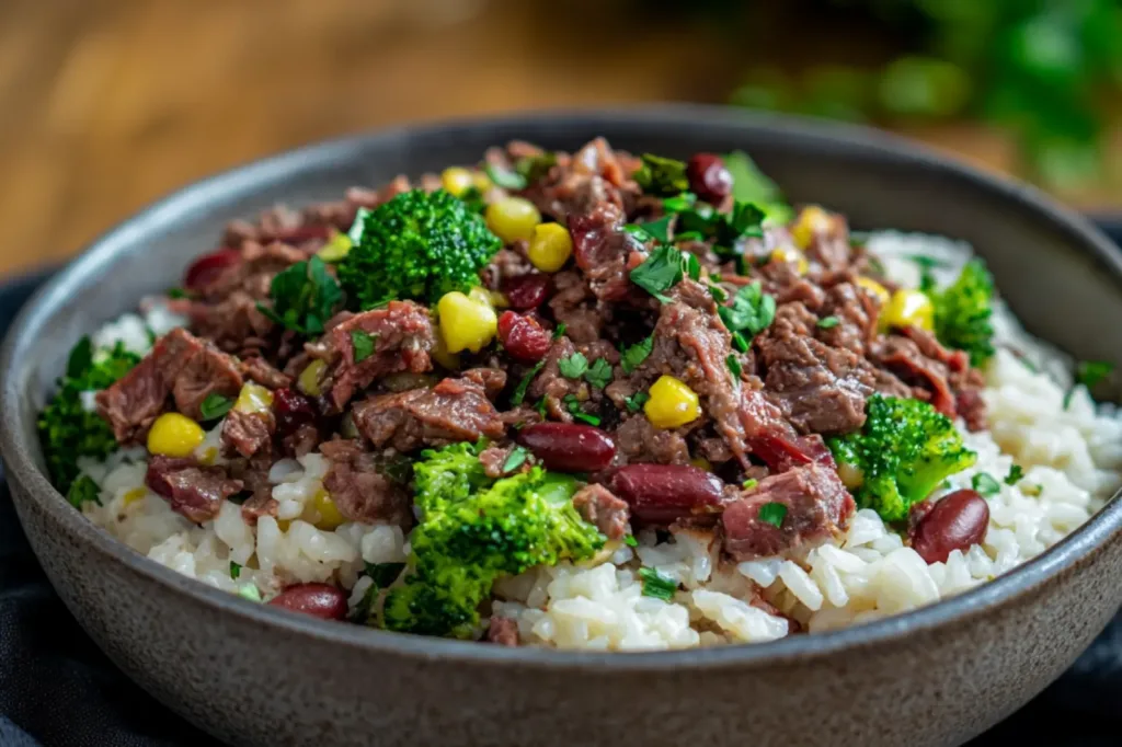 HIGH PROTEIN BEEF AND RICE BOWL centered hero view, clean and uncluttered