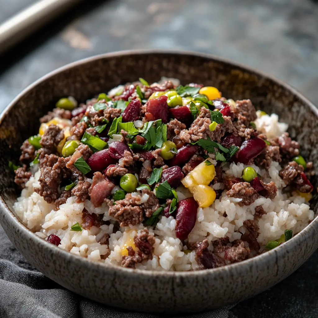 HIGH PROTEIN BEEF AND RICE BOWL centered hero view, clean and uncluttered