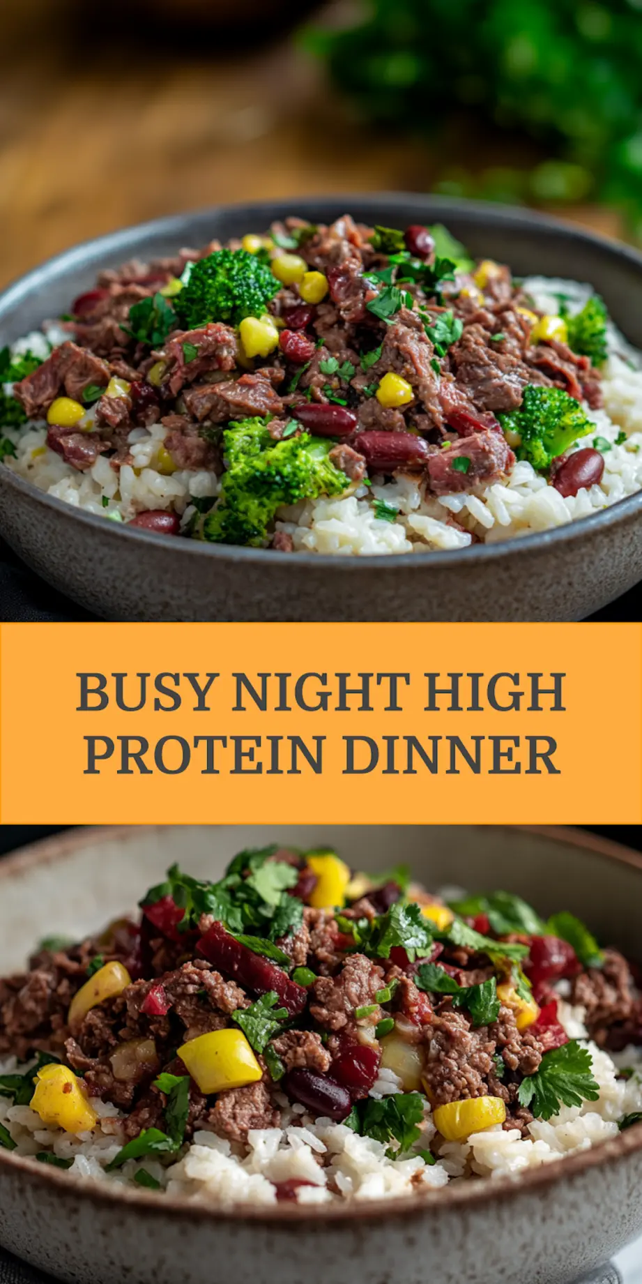 HIGH PROTEIN BEEF AND RICE BOWL centered hero view, clean and uncluttered