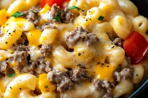 High-Protein Creamy Philly Cheesesteak Mac Easy Weeknight Dinner HIGH PROTEIN CREAMY PHILLY CHEESESTEAK MAC centered hero view, clean and uncluttered