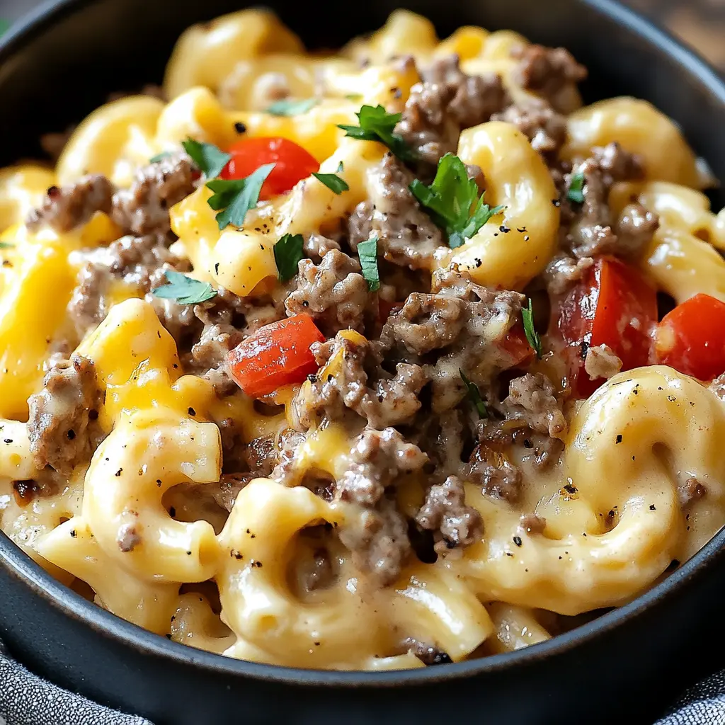 HIGH PROTEIN CREAMY PHILLY CHEESESTEAK MAC centered hero view, clean and uncluttered