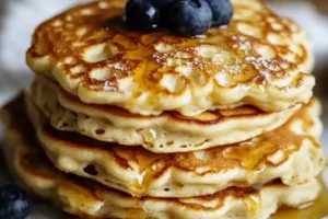 HIGH PROTEIN FLUFFY PANCAKES RECIPE centered hero view, clean and uncluttered
