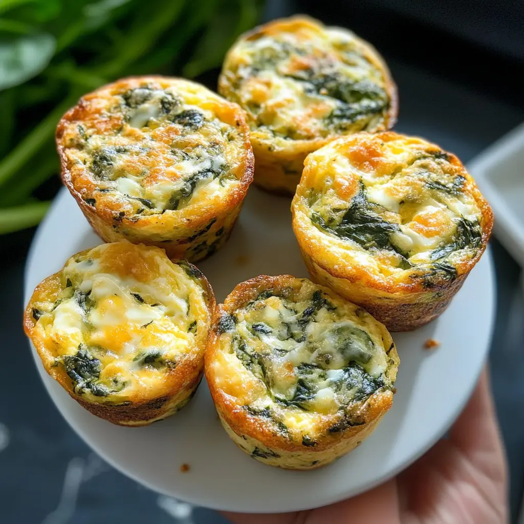 High protein spinach and cheese egg muffins on a plate, golden and fluffy
