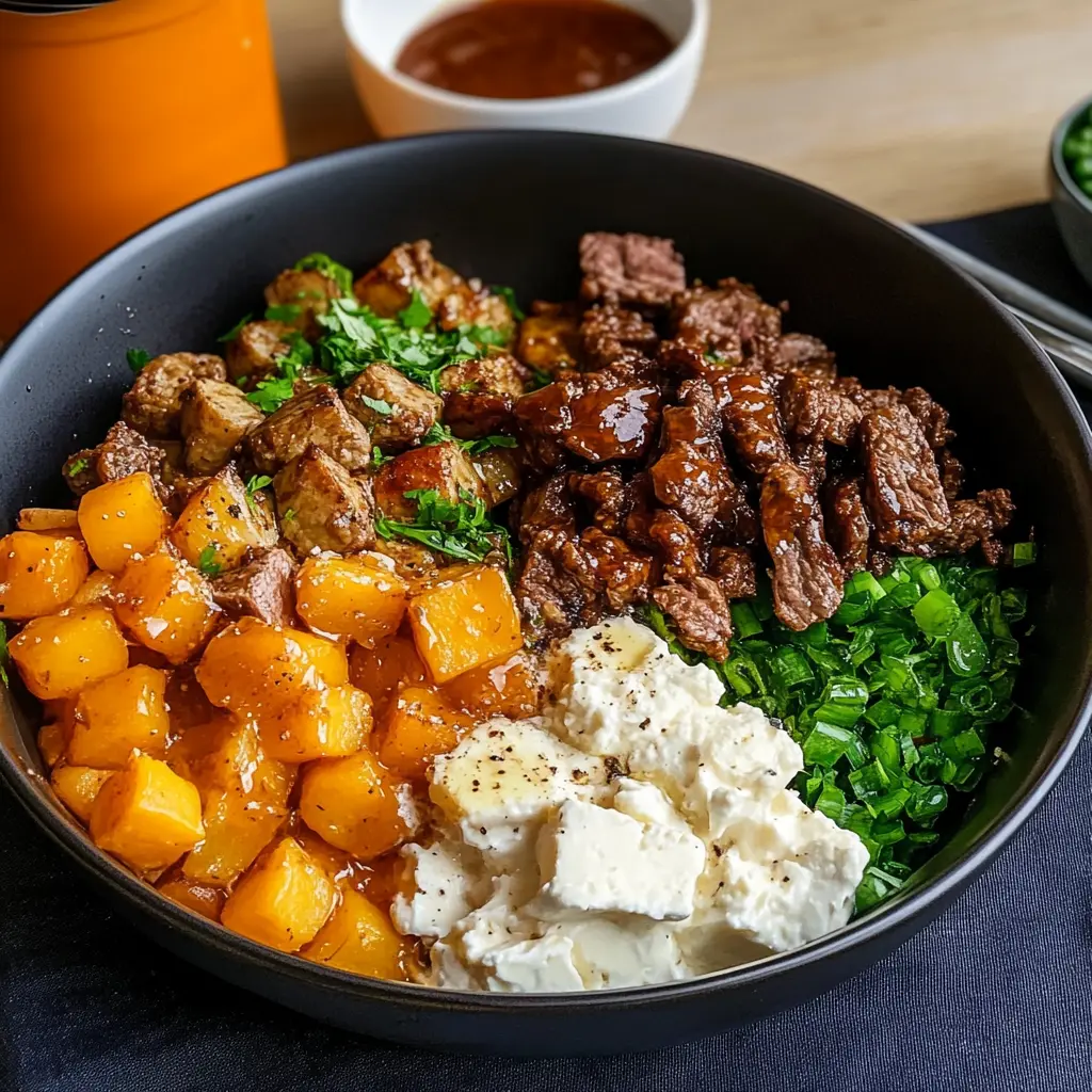 HOT HONEY COTTAGE CHEESE SWEET POTATO BEEF BOWL centered hero view, clean and uncluttered