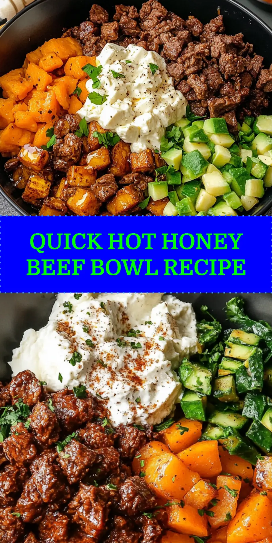 HOT HONEY COTTAGE CHEESE SWEET POTATO BEEF BOWL centered hero view, clean and uncluttered