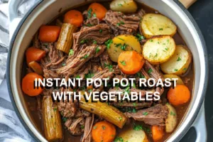 INSTANT POT POT ROAST WITH VEGETABLES centered hero view, clean and uncluttered