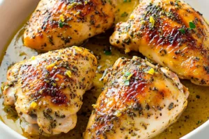 JUICY LEMON CHICKEN THIGHS centered hero view, clean and uncluttered