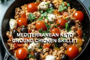 MEDITERRANEAN KETO GROUND CHICKEN SKILLET centered hero view, clean and uncluttered