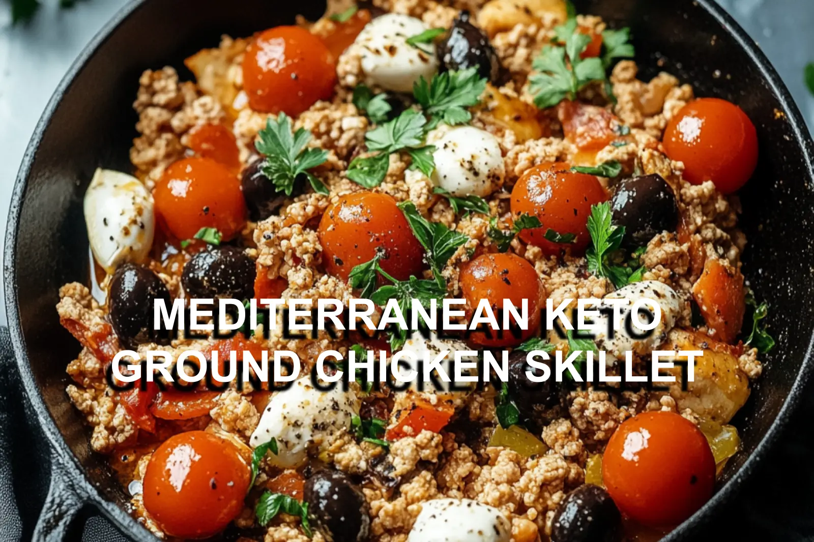 MEDITERRANEAN KETO GROUND CHICKEN SKILLET centered hero view, clean and uncluttered