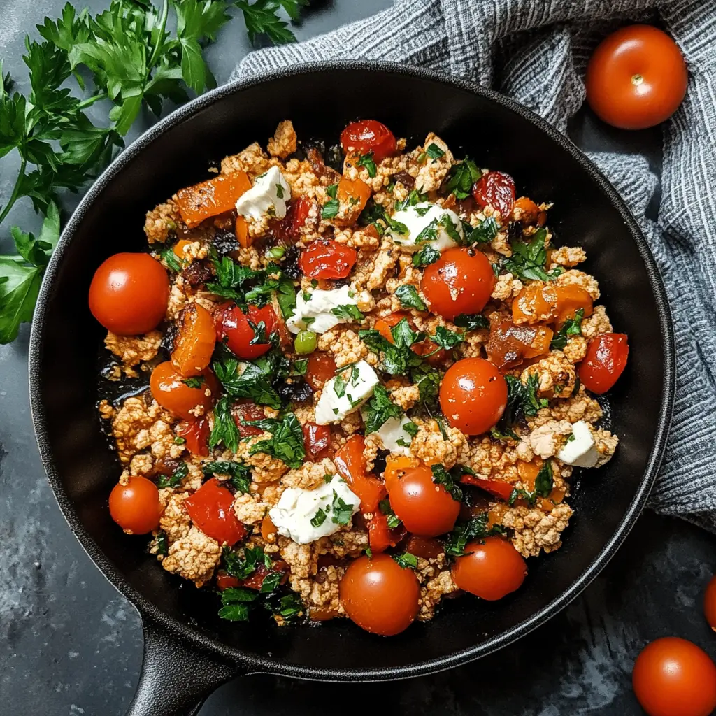 Mediterranean Keto Ground Chicken Skillet in a large skillet with colorful vegetables and crumbled feta