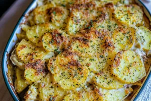 One Dish Sweet Potato Chicken Gratin for Hashimotos Easy Recipe ONE DISH SWEET POTATO CHICKEN GRATIN centered hero view, clean and uncluttered