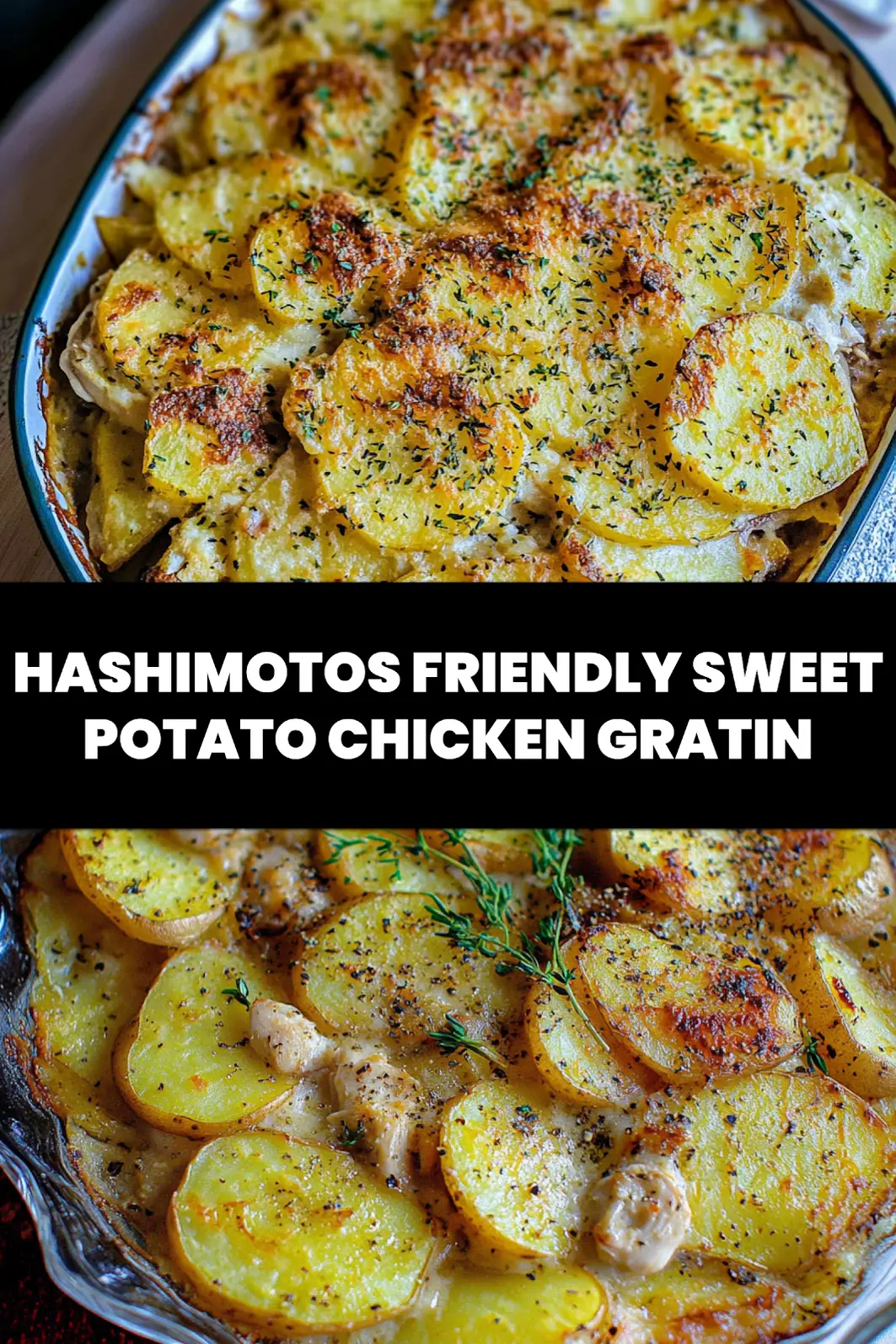 One Dish Sweet Potato Chicken Gratin for Hashimotos Easy Recipe 4 One Dish Sweet Potato Chicken Gratin centered hero view, clean and uncluttered