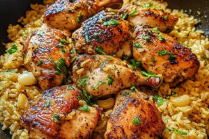 One-pan Chicken and Garlic Rice Easy Weeknight Dinner ONE PAN CHICKEN AND GARLIC RICE centered hero view, clean and uncluttered
