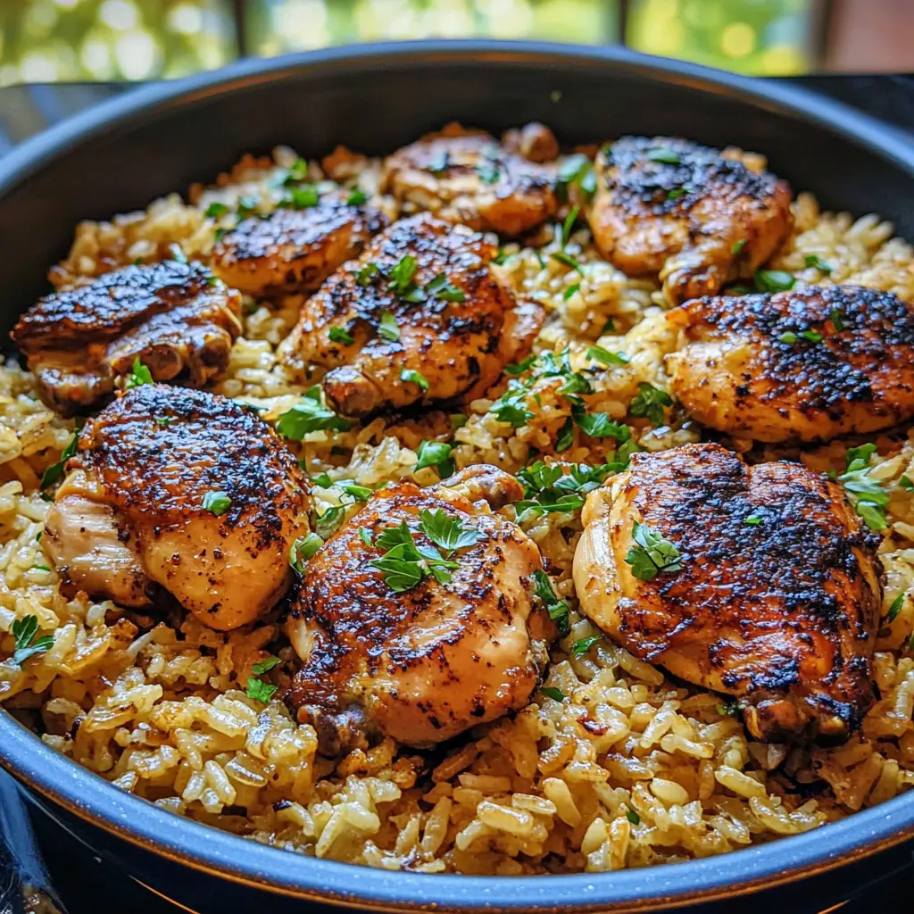 ONE PAN CHICKEN AND GARLIC RICE centered hero view, clean and uncluttered