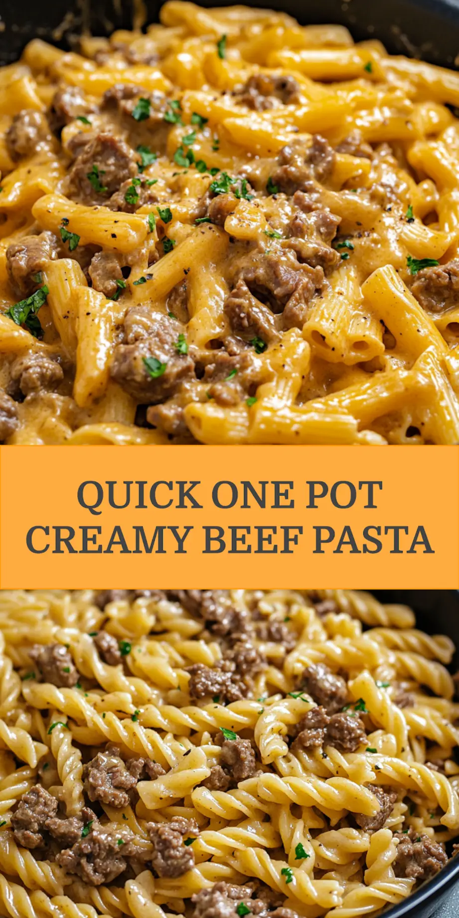 ONE POT CREAMY BEEF AND GARLIC BUTTER PASTA centered hero view, clean and uncluttered