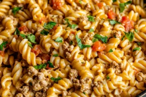 ONE-POT TACO PASTA centered hero view, clean and uncluttered