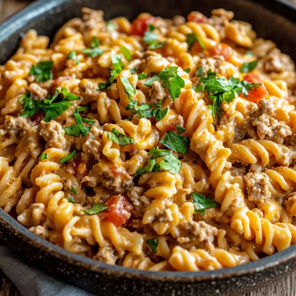 ONE-POT TACO PASTA centered hero view, clean and uncluttered